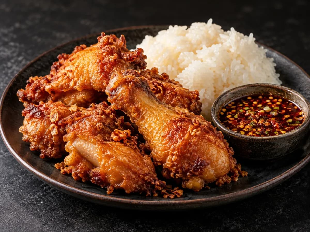 Fried chicken with white sticky rice and a bowl of chili dipping sauce