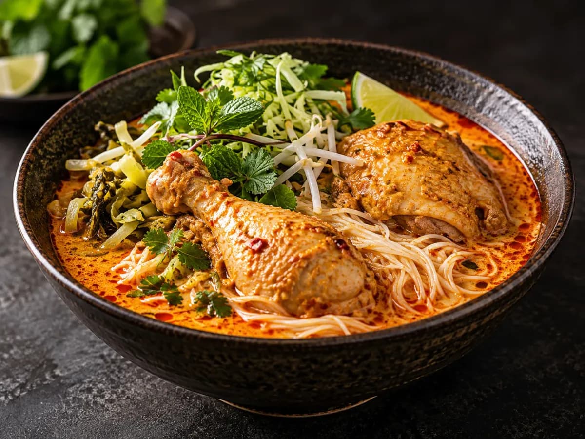 A bowl of khao poon: rice noodles in red curry broth with chicken and herbs