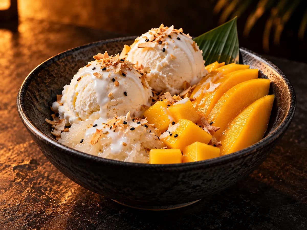 Coconut ice cream with ripe mango and sweet sticky rice